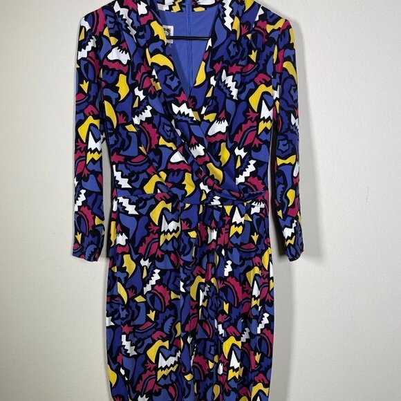 NWT! Anne Klein Geometric Print Blue, Red, Yellow Shift Dress 3/4 Sleeve 6 - Picture 1 of 6